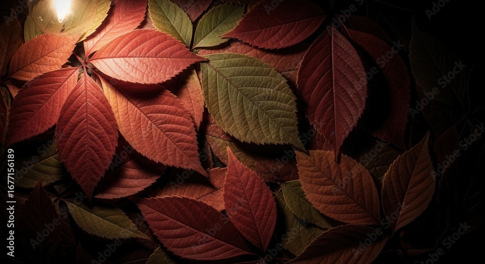 Fototapeta premium Autumnal symphony of leaves, a dance of red, orange, and green hues, showcasing the beauty of fall