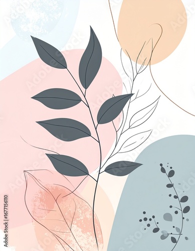 Abstract Botanical Line Art Print Elegant Minimalist Leaves and Shapes