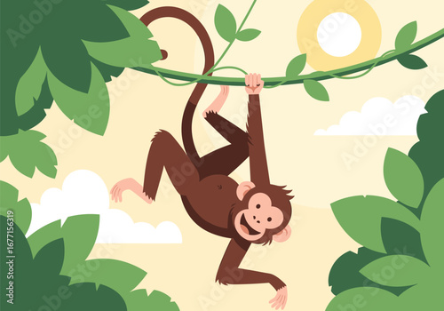 Happy monkey swinging on a vine in a sunny jungle surrounded by lush green leaves and soft clouds