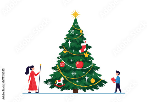 Two children decorate a beautiful christmas tree with ornaments and lights creating a festive holiday atmosphere for everyone