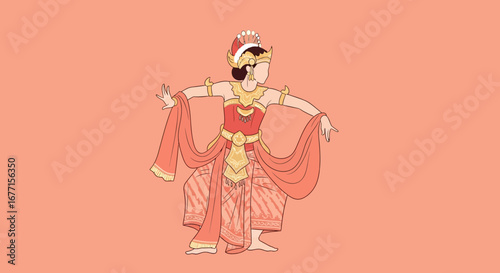 Line Art Beautiful Javanese Dancer Illustration in Traditional Costume