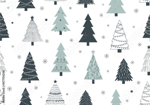 Festive winter christmas trees pattern celebrating winter holidays season with star decorations