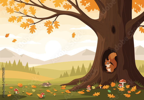 Charming autumn woodland scene with a squirrel in a tree hollow and falling leaves