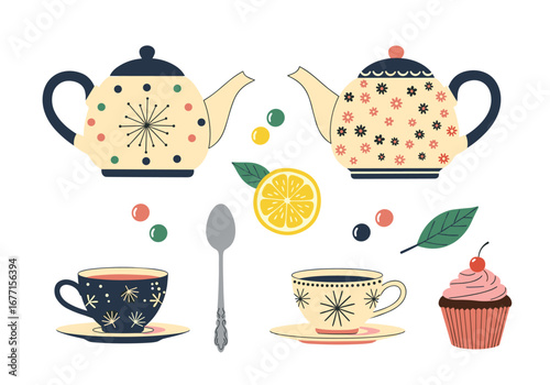 Charming afternoon tea set with decorative teapots cups saucers spoon lemon and sweet cupcake delightful beverage break