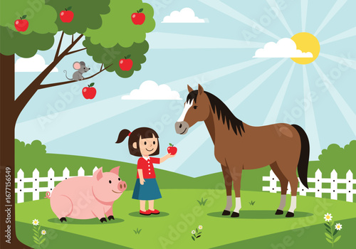 A young girl shares an apple with her horse in a sunny farmyard scene