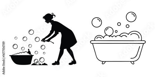 A silhouette of a bubble bath tub filled with fluffy bubbles