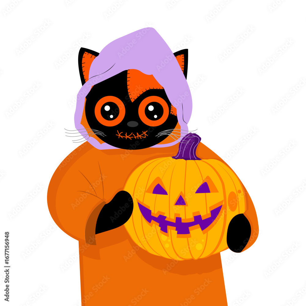 Obraz premium A cute Halloween illustration of a black and orange cat in a purple hood and orange robe, holding a carved pumpkin with a wide grin on a white background.