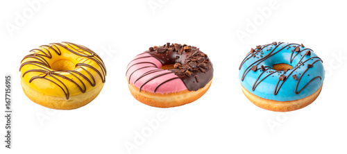 Vibrant Yellow, Blue, and Pink Chocolate Doughnut with Drizzled Chocolate Syrup on Top – Delicious Glazed Donut Dessert Isolated on Transparent Background PNG for Creative Food Design Projects