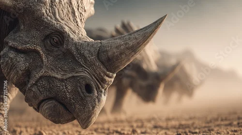 Fototapeta Ancient Giants: A Herd of Prehistoric Rhinos in a Dusty Landscape