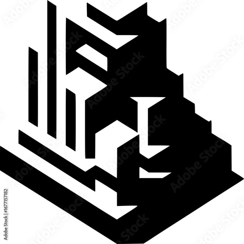 Geometric Architecture Abstraction: An eye-catching, stark black and white abstract rendering of a complex architectural structure, with sharp lines, bold shadows, and an intriguing sense of depth.