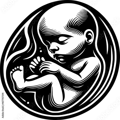 Inner Sanctuary: Intricate linework illustrates a peaceful, unborn child nestled within the protective embrace of the womb, symbolizing the miracle of life and the promise of new beginnings.