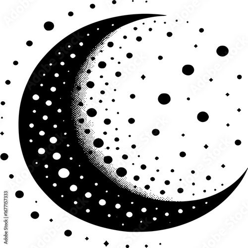 Abstract Crescent Moon: A captivating illustration of a crescent moon, filled with a unique dotted pattern, evokes a sense of mystery and cosmic beauty.