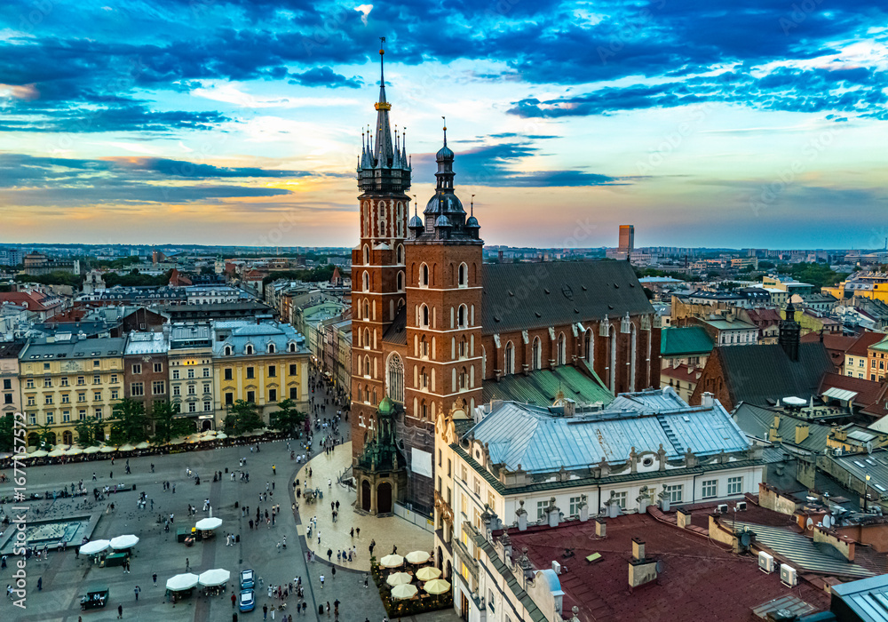 Obraz premium The Main Market Square of the Old Town of Krakow, Poland