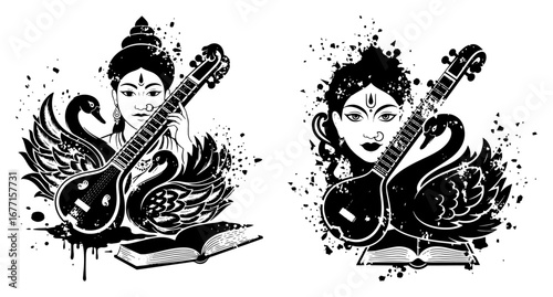 Goddess Saraswati with veena and swan black and white vector