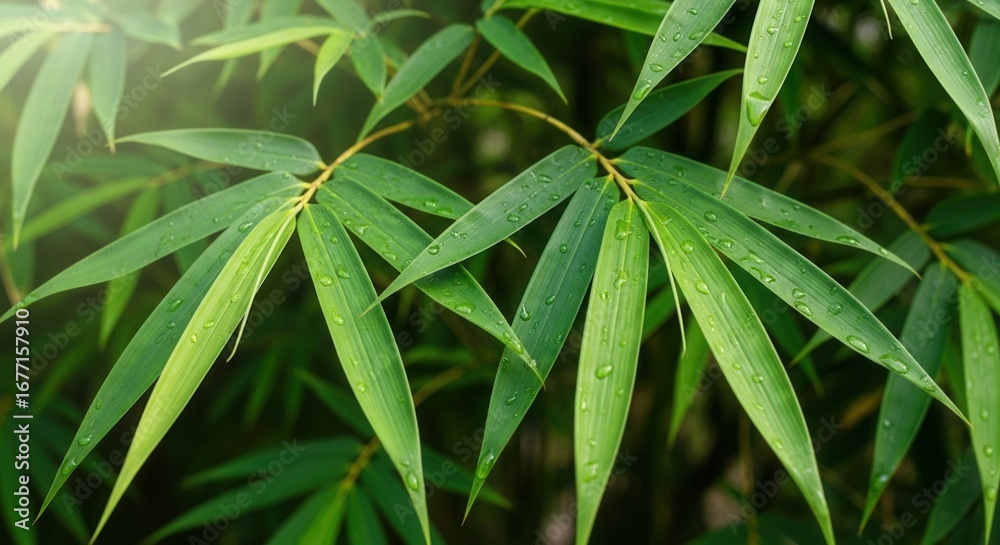 Naklejka premium Lush Green Bamboo Leaves with Water Droplets in a Serene Natural Setting