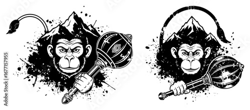 Hanuman monkey god with gada weapon and mountain vector grunge engraving style