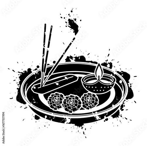 Diwali pooja thali with diya incense sticks and flowers vector