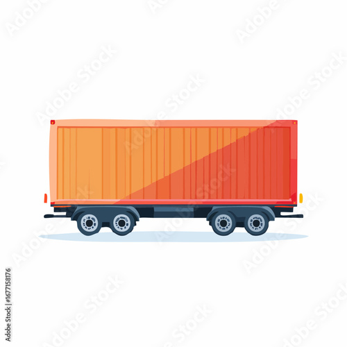 Orange cargo container trailer with four wheels on white background
