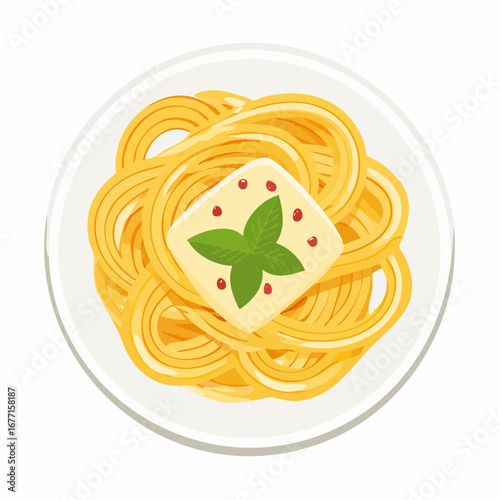 Delicious pasta dish with creamy sauce fresh basil and peppercorns on a white plate
