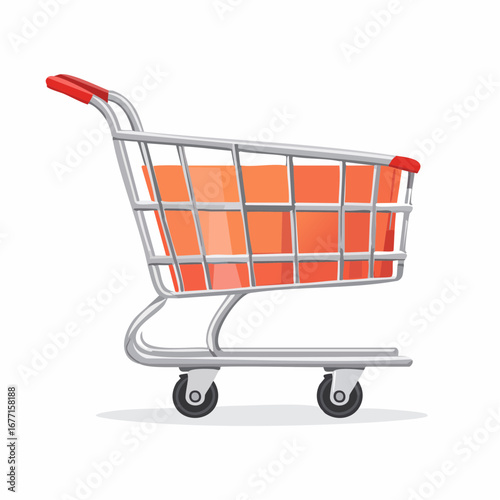 Orange Shopping cart illustration with silver frame and handle for business, groceries.
