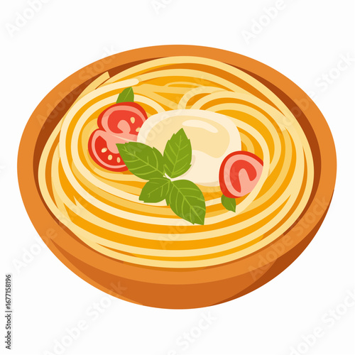 Classic Italian spaghetti pasta with creamy mozzarella fresh tomatoes and vibrant basil leaves in a bowl