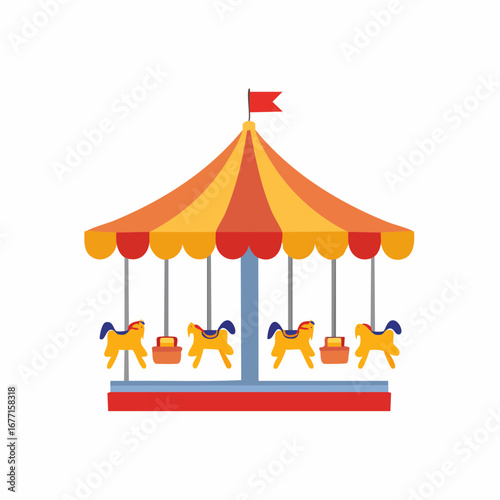 Colorful Amusement Park Carousel with Horses Flat Design Illustration