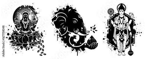 Lord Buddha Ganesha and Murugan illustration vector laser cutting engraving grunge silhouette