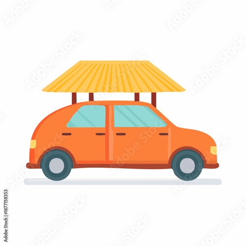 Orange car with roof cover illustration side view, travel concept, flat design, transportation.