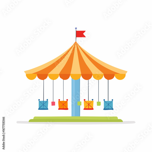 Cartoon illustration of a colorful carousel ride with empty seats and a flag