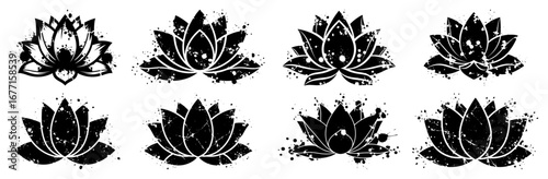 Set of lotus flowers in grunge style vector silhouettes