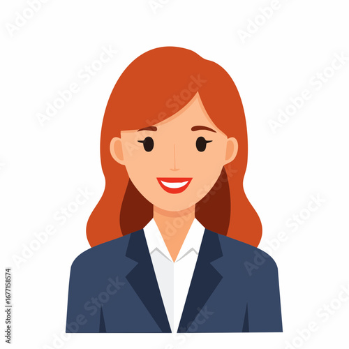 Smiling businesswoman portrait illustration with red hair, wearing a suit.