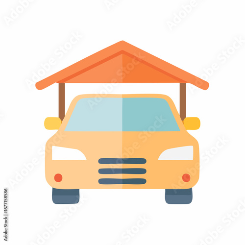 Front view of a yellow car safely parked beneath a protective orange carport roof illustration