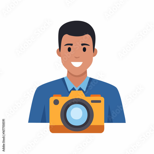 Smiling man with a camera in a modern flat illustration style