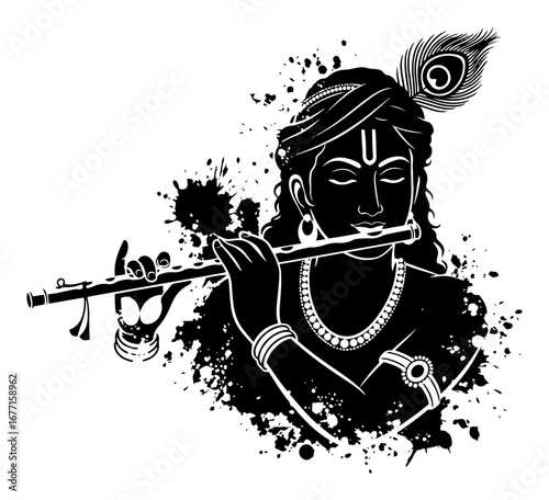 Lord Krishna playing flute grunge silhouette vector illustration
