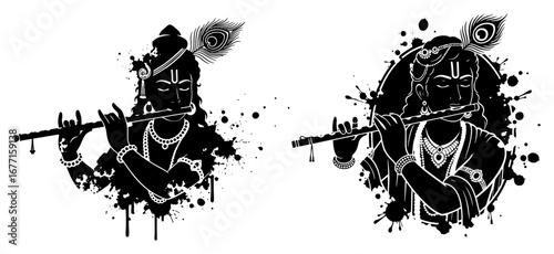 Lord Krishna playing flute silhouette for Janmashtami grunge style vector silhouette laser cutting engraving
