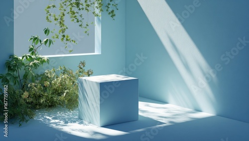 Light-filled pastel room with plants and cube display