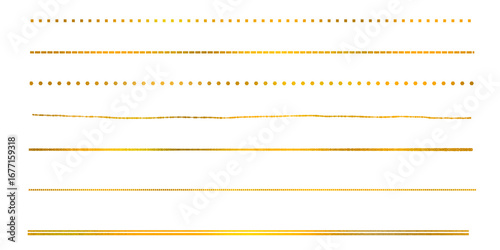 Fotografie Set of gold straight lines, dashed lines, dotted lines, handwritten lines, for decorating cards and more