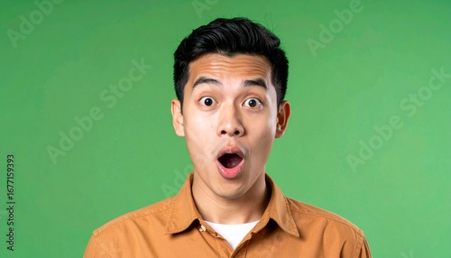 Portrait of a young Asian man with a shocked facial expression, his mouth open and eyes wide in surprise, isolated on a green screen background