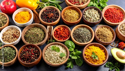 Fototapeta Naklejka Na Ścianę i Meble -  A vibrant arrangement of various spices in wooden bowls, showcasing colorful textures and flavors