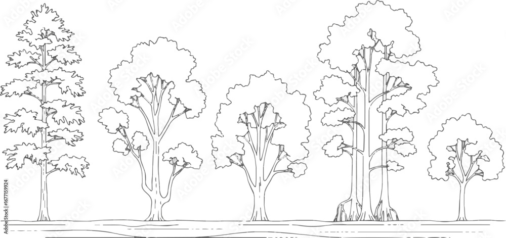 Isolated a Architectural Drawings, Minimal style cad tree line drawing, Side view, set of section wetland forest outline for landscape design drawing in separate element vector art,
