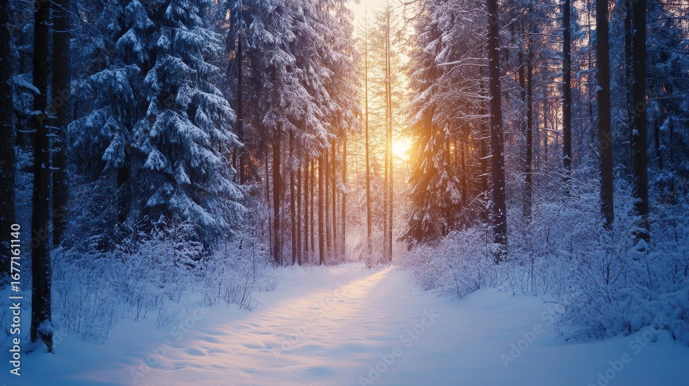 Naklejka premium A serene winter landscape featuring snowy trees and a glowing sunset illuminating a forest path.