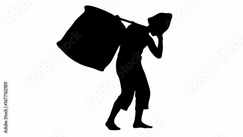 Silhouette of a person carrying a large bag over their shoulder with a hand to their head in distress