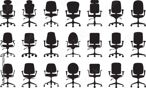 A Diverse Collection of Ergonomic Chairs: A Grid of Modern Office and Workspace Seating Silhouettes