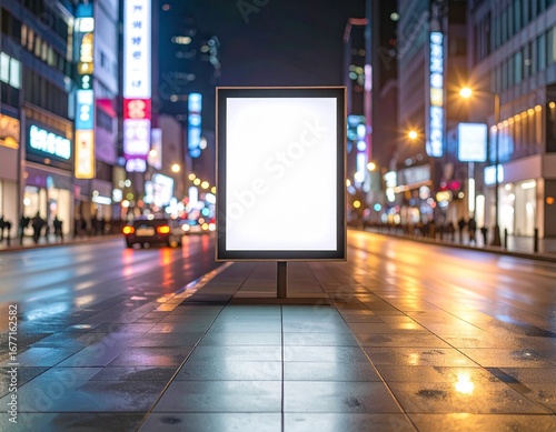 Blank vertical billboard mockup on a reflective  wet city street at night with vibrant  blurred background lights