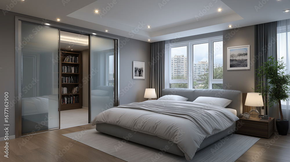 Fototapeta premium Modern gray bedroom featuring spacious bed, elegant lighting, and large windows with view. room exudes calm and inviting atmosphere