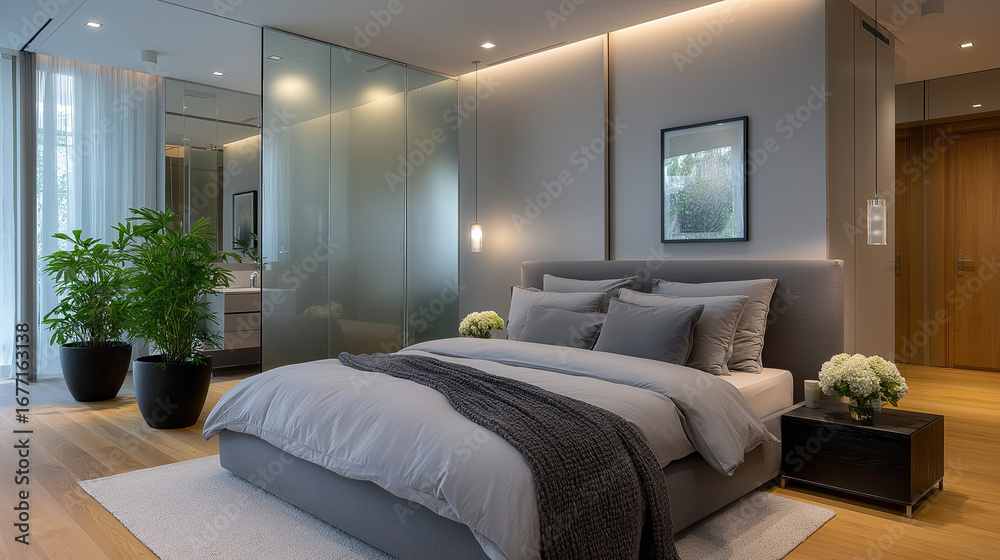 Obraz premium Modern bedroom design features cozy bed with gray bedding, stylish decor, and natural light. space exudes tranquility and elegance
