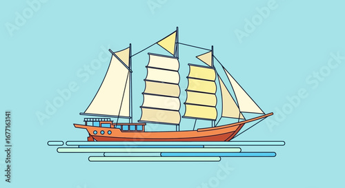 Minimalist Flat Illustration of a Traditional Sailing Ship on Water