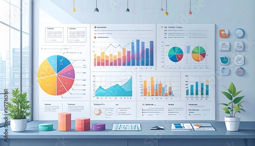 Vibrant workspace showcasing data analysis with colorful charts and graphs on a large digital dashboard display