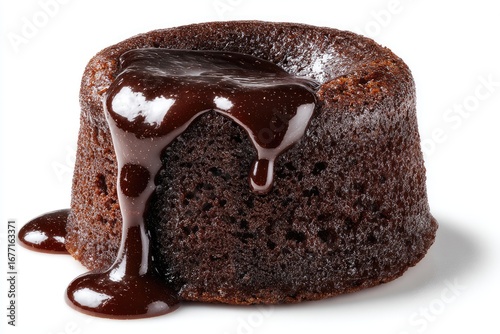 Close-up of a rich, dark chocolate cake, drizzled with melted chocolate