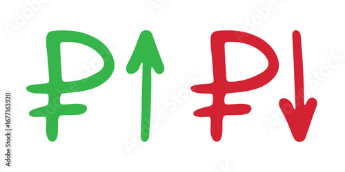 Hand drawn russian ruble currency symbol Growth and fall profit with arrow up and down Brush stroke doodle Element for design